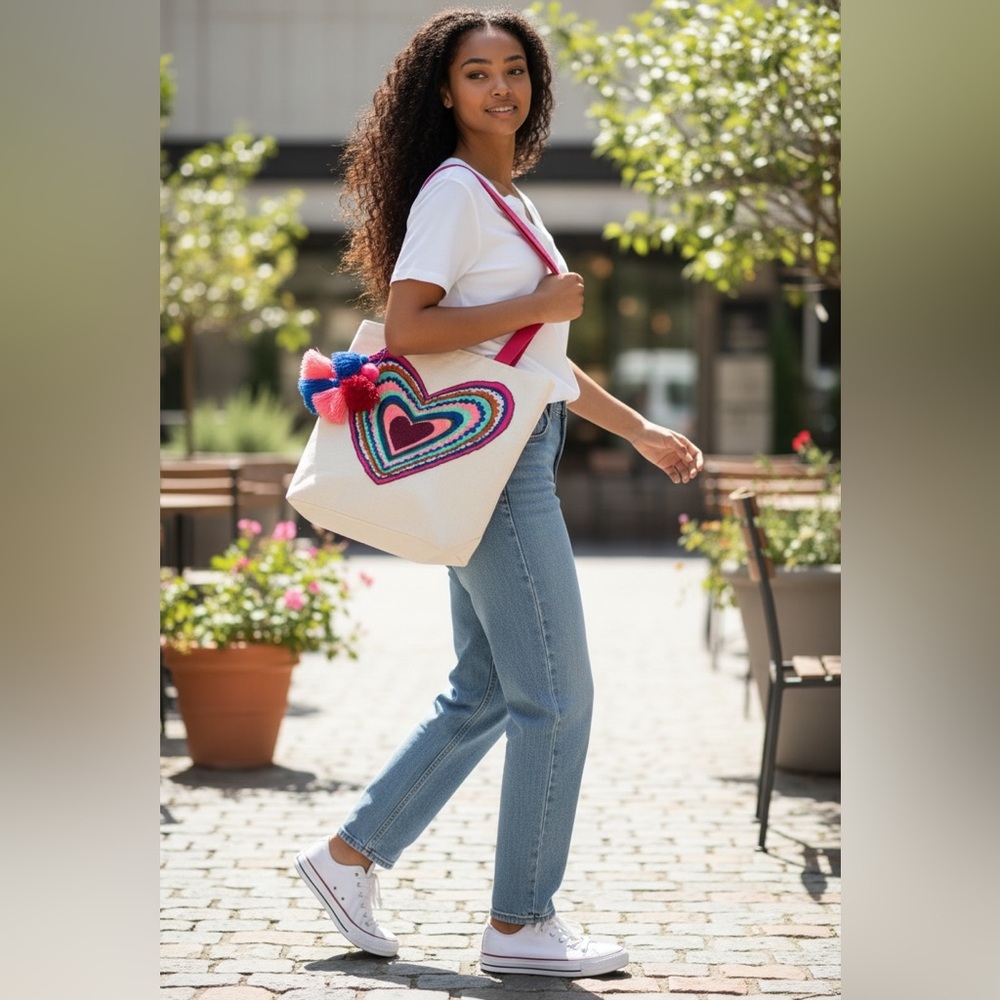 Colorful Heart Embroidered Tote Bag